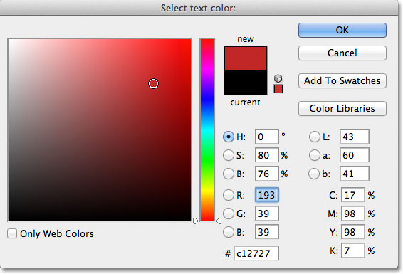 Choosing a new text color from the Color Picker in Photoshop. Image © 2011 Photoshop Essentials.com