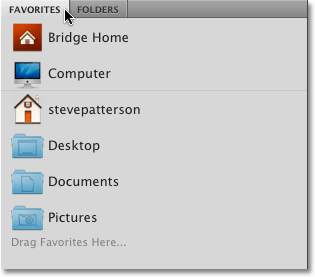 The Favorites panel in Adobe Bridge CS4. Image © 2010 Photoshop Essentials.com.