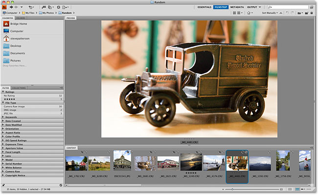 The Filmstrip workspace in Adobe Bridge CS4. Image © 2010 Photoshop Essentials.com.