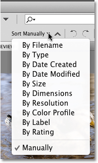 The thumbnail sorting options in Adobe Bridge CS4. Image © 2010 Photoshop Essentials.com.