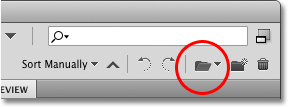 The Open Recent Files icon in Adobe Bridge CS4. Image © 2010 Photoshop Essentials.com.