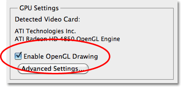 The GPU Settings section in the Preferences in Photoshop CS5. Image © 2010 Steve Patterson, Photoshop Essentials.com