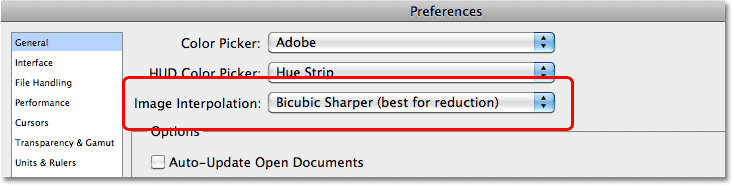 The Image Interpolation option in the Photoshop Preferences dialog box in Photoshop CS5. Image © 2010 Steve Patterson, Photoshop Essentials.com