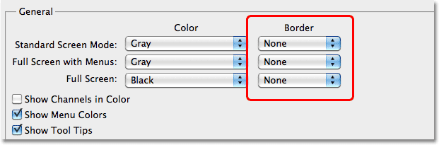 The Interface Border preferences in Photoshop CS5. Image © 2010 Steve Patterson, Photoshop Essentials.com