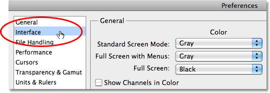 The Interface Preferences in the Photoshop Preferences dialog box in Photoshop CS5. Image © 2010 Steve Patterson, Photoshop Essentials.com