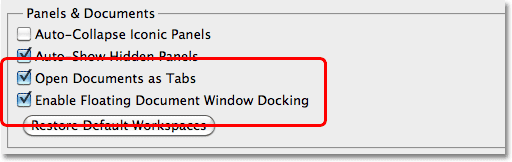 The Panels and Documents Preference in Photoshop CS5. Image © 2010 Steve Patterson, Photoshop Essentials.com