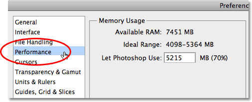 The Performance Preferences in Photoshop CS5. Image © 2010 Steve Patterson, Photoshop Essentials.com