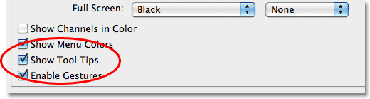 The Show Tools Tips Preference in Photoshop CS5. Image © 2010 Steve Patterson, Photoshop Essentials.com