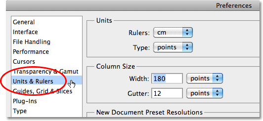 The Units & Rulers Preferences in Photoshop CS5. Image © 2010 Steve Patterson, Photoshop Essentials.com