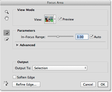 The Focus Area dialog box in Photoshop CC 2014.
