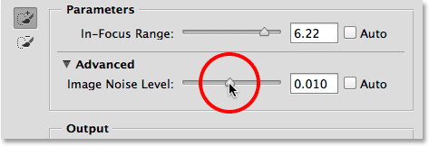The Image Noise Level slider in the Advanced section of Focus Area.