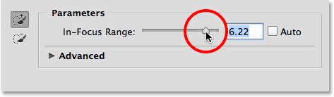Dragging the In-Focus Range slider towards the right.