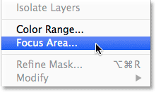 Selecting Focus Area from the Select menu in Photoshop CC 2014.
