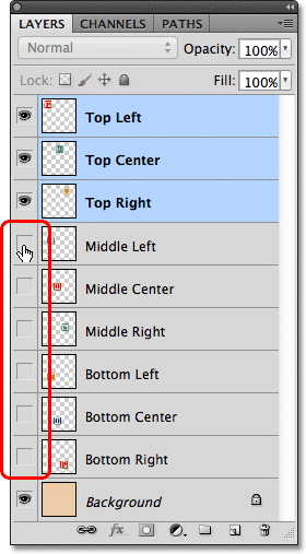 The Layer Visibility icons in the Layers panel in Photoshop. Image © 2011 Photoshop Essentials.com