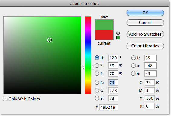 Choosing green from the Color Picker in Photoshop. Image © 2011 Photoshop Essentials.com