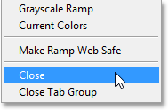Selecting the Close command from the Color panel menu. Image © 2013 Steve Patterson, Photoshop Essentials.com