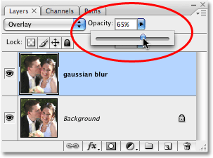 Lowering the opacity of the layer to 65% in Photoshop. Image copyright © 2008 Photoshop Essentials.com
