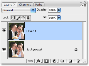 The Layers palette in Photoshop showing the Background layer and the new copy of the Background layer. Image copyright © 2008 Photoshop Essentials.com