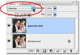 Changing the blend mode of the 'gaussian blur' layer to Overlay. Image copyright © 2008 Photoshop Essentials.com