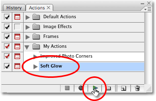 Selecting and playing the Soft Glow action in the Actions palette in Photoshop. Image copyright © 2008 Photoshop Essentials.com