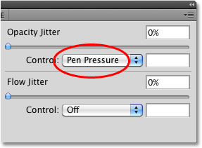 Setting the Opacity Control option in the Brushes panel to Pen Pressure. Image © 2010 Photoshop Essentials.com