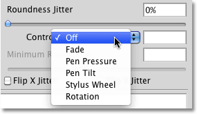 The Roundness controls in the Shape Dynamics section of the Brushes panel in Photoshop. Image © 2010 Photoshop Essentials.com
