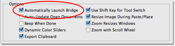The 'Automatically Launch Bridge' option in the Photoshop CS3 Preferences. Image © 2009 Photoshop Essentials.com