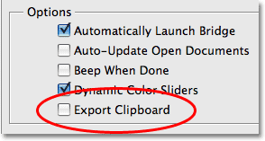 The 'Export Clipboard' option in the Photoshop CS3 Preferences. Image © 2009 Photoshop Essentials.com.