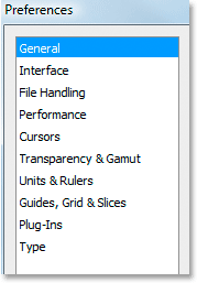 The list of categories along the left side of the Preferences dialog box. Image © 2009 Photoshop Essentials.com