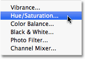 Choosing a Hue/Saturation adjustment layer in Photoshop. Image © 2010 Photoshop Essentials.com