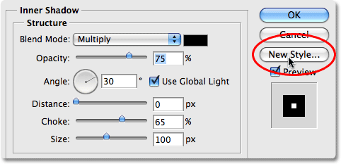 Clicking the New Style button in the Layer Style dialog box in Photoshop. Image © 2008 Photoshop Essentials.com.