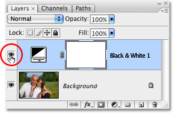 Clicking the Layer Visibility icon for the Black & White adjustment layer. Image © 2009 Photoshop Essentials.com.