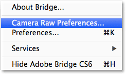 Opening the Camera Raw Preferences from Adobe Bridge. Image © 2013 Steve Patterson, Photoshop Essentials.com