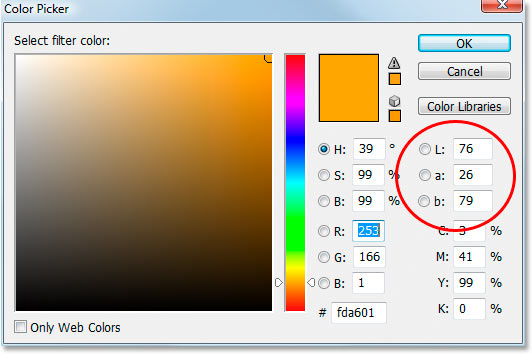 The Lab color options in Photoshop's Color Picker.