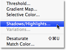 Selecting the Shadow/Highlight image adjustment in Photoshop CS4. Image © 2009 Photoshop Essentials.com