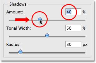 Setting the Shadows amount to 40%. Image © 2009 Photoshop Essentials.com