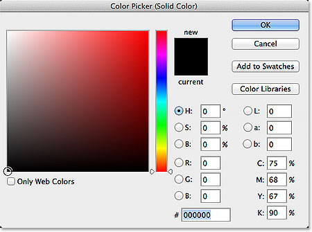 Choosing black in the Color Picker. Image © 2014 Photoshop Essentials.com.