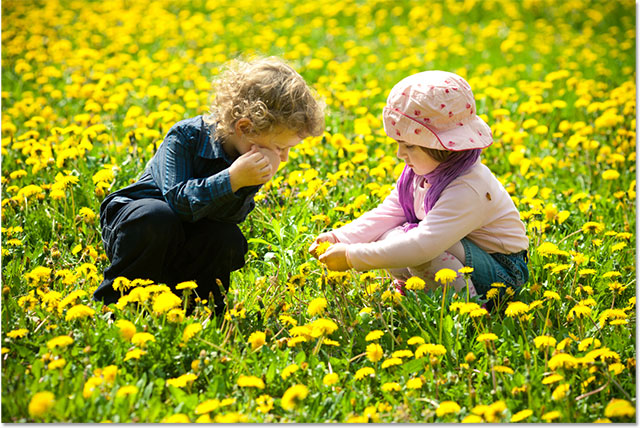 A photo of a young boy and girl in a field of flowers. Image licensed from Shutterstock by Photoshop Essentials.com