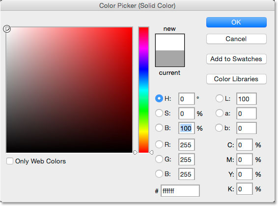 Choosing white from the Color Picker. Image © 2014 Photoshop Essentials.com.