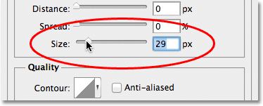 Increasing the Size value for the drop shadow in the Layer Styles dialog box.