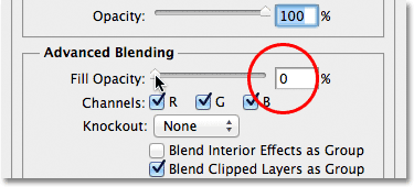 Lowering the Fill Opacity option to 0% in the Layer Style dialog box.