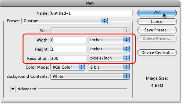 The New Document dialog box in Photoshop. Image © 2009 Photoshop Essentials.com