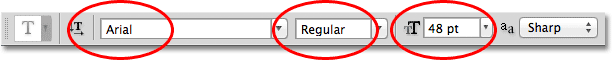 The font, font style and size options in the Options Bar in Photoshop. Image © 2011 Photoshop Essentials.com