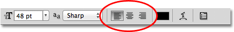 The text alignment options in the Options Bar in Photoshop. Image © 2011 Photoshop Essentials.com