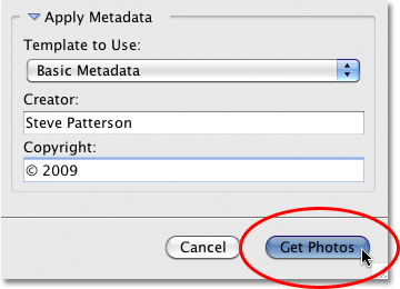 The Get Photos button in the Photo Downloader in Bridge CS4. Image © 2010 Photoshop Essentials.com.