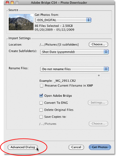 The standard Adobe Bridge CS4 Photo Downloader dialog box. Image © 2010 Photoshop Essentials.com.