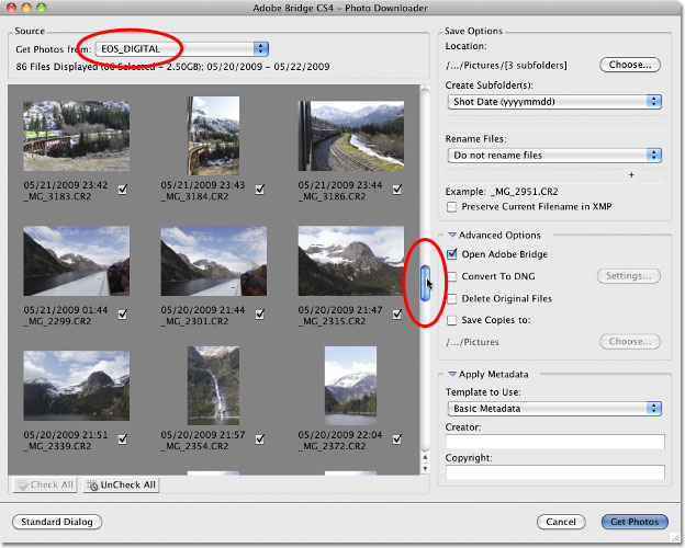 The Adobe Bridge CS4 Photo Downloader Advanced Dialog box. Image © 2010 Photoshop Essentials.com.