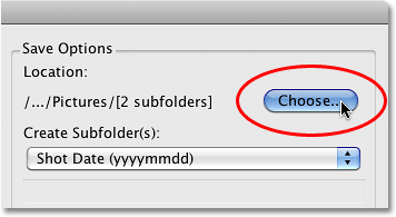 Choosing a location to save the images in the Photo Downloader in Bridge CS4. Image © 2010 Photoshop Essentials.com.