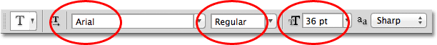 The font family, font style and font size options in the Options Bar in Photoshop. Image © 2011 Photoshop Essentials.com