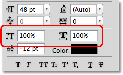 The Vertical Scale and Horizontal Scale options in the Character panel in Photoshop. Image © 2011 Photoshop Essentials.com